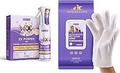 HICC PET Deodorizing Glove Wipes, 20 count + 2X Power Wound & Antimicrobial Cat & Dog Skin Treatment Spray, 10.1-oz bottle