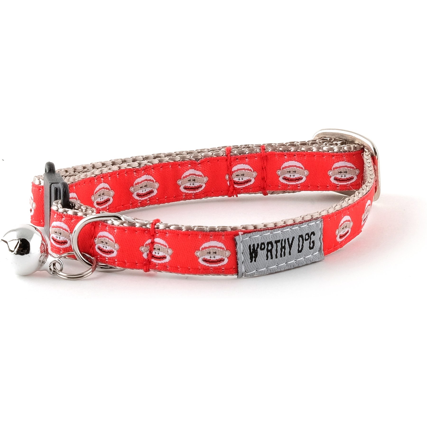 The Worthy Dog Sock Monkey Cat Collar, Red, 9 to 11-in neck, 1/2-in wide