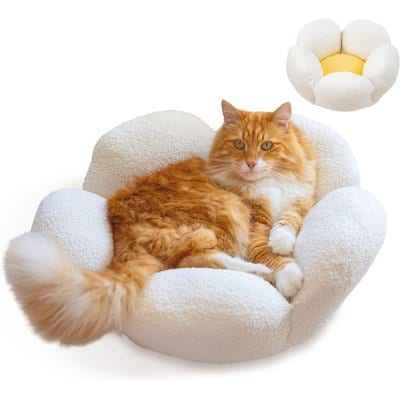 Catstages Catstages Indoor Purrfect Petals Washable Flower Shaped Round Bolster Plush Cat Bed, White