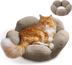 Catstages Indoor Purrfect Petals Washable Flower Shaped Round Bolster Plush Cat Bed, Tan