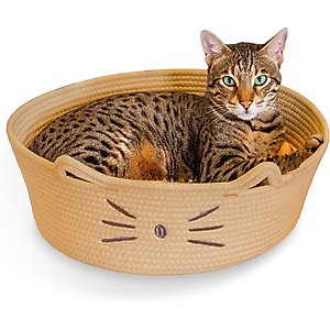 Catstages Retreat 2-in-1 Bolster with Removable Cover, Cushion, Plush & Cotton Rope Cat Bed, Tan