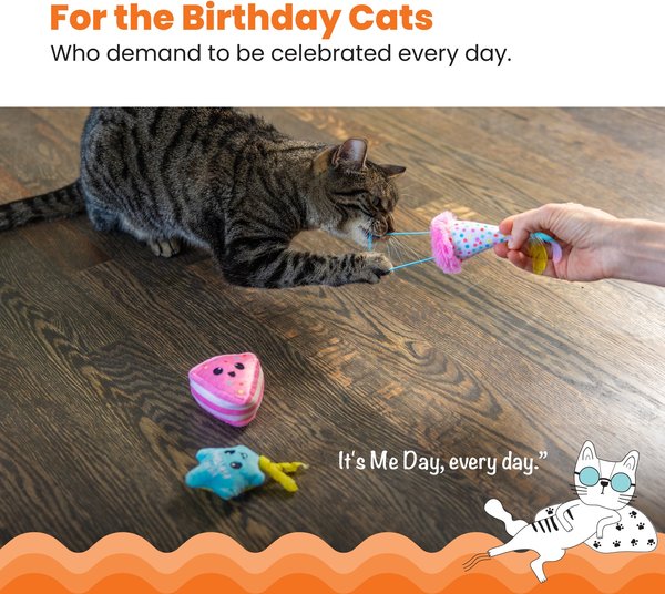 Catstages Happy Purrthday Birthday Themed Blend Cat Plush Toy with Catnip, 3 count, Multicolor