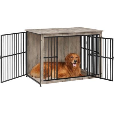 FEANDREA FEANDREA Heavy Duty Double Door End Table Dog Crate, 43.3-in, Greige