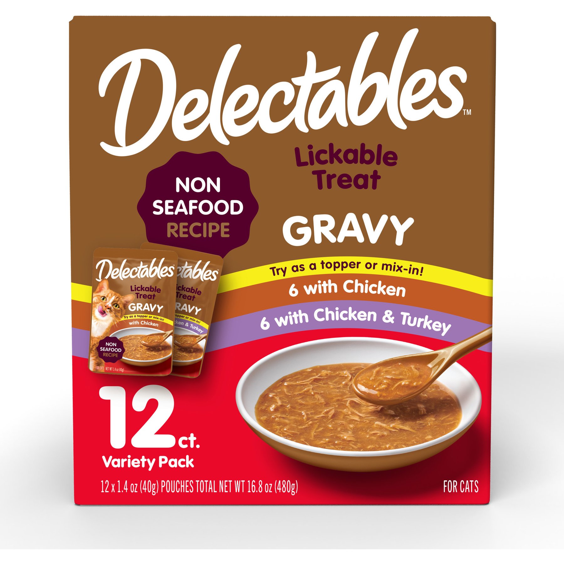Delectables Lickable Treat Gravy Non Seafood Variety Pack Lickable Cat Treats, 1.4-oz pouches, 12 count
