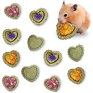 SunGrow Heart Shaped Timothy Hay Small Pet Enrichment Chew Treats, 12 count