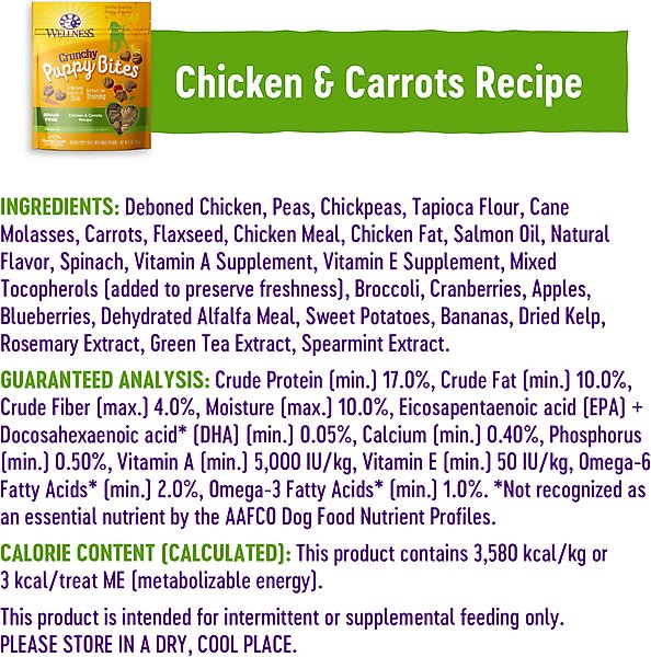Show full view: Wellness Crunchy Puppy Bites Chicken & Carrots Recipe Grain-Free Natural Dog Treats, 6-oz bag slide 10 of 12