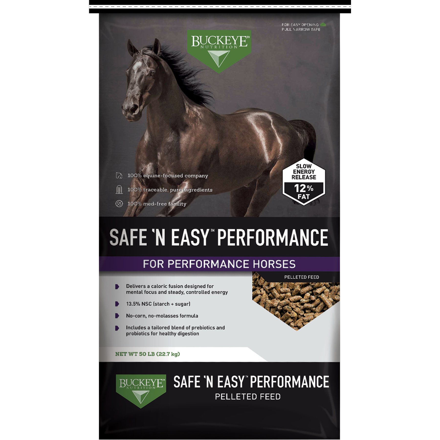 Buckeye Nutrition Safe 'N Easy Performance, Low Starch & Sugar Pelleted Performance Horse Feed, 50-lb bag