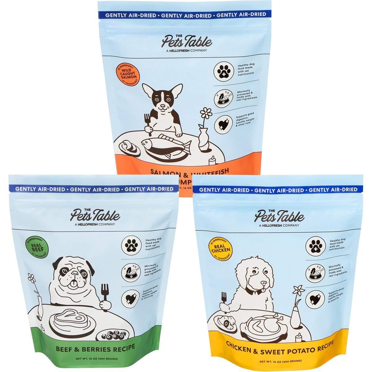 The Pets Table Beef & Berries + Chicken & Sweet Potato + Salmon & Whitefish with Pumpkin Grain-Free Air-Dried Dog Food, 16-oz bag, pack of 3