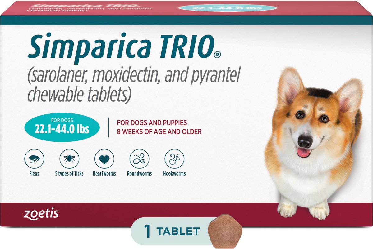 SIMPARICA TRIO Chewable Tablet for Dogs, 22.1-44.0 lbs, (Teal Box ...