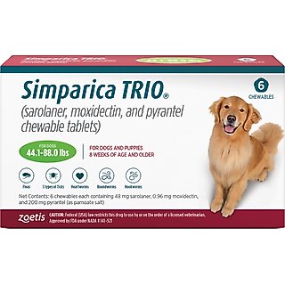 Simparica Trio Chewable Tablet for Dogs, 44.1-88 lbs, (Green Box), 6 Chewable Tablets (6-mos. supply) slide 1 of 8