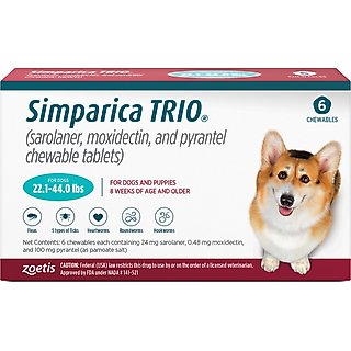Simparica Trio Chewable Tablet for Dogs, 22.1-44.0 lbs, (Teal Box), 6 Chewable Tablets (6-mos. supply) slide 1 of 8