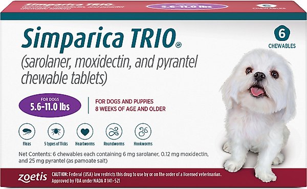 Simparica Trio Chewable Tablet for Dogs, 5.6-11.0 lbs, (Purple Box)