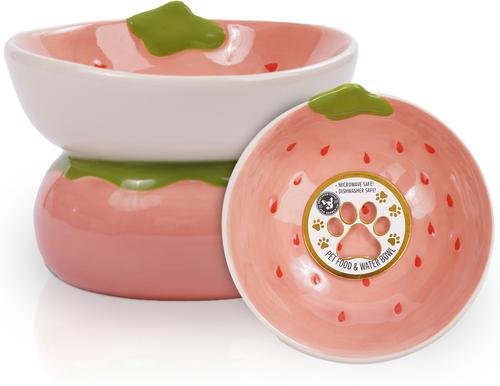 Show full view: P.T. Supply Co. Strawberry Shaped Stoneware Elevated Dog & Cat Bowl, Pink slide 2 of 9