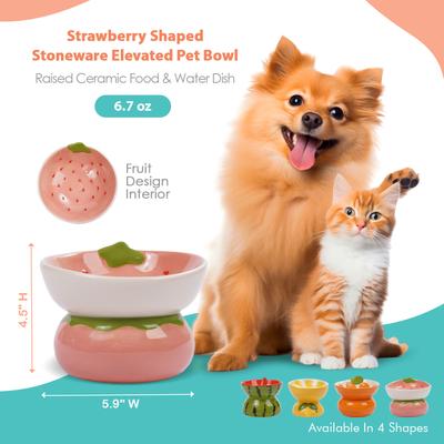 Show full view: P.T. Supply Co. Strawberry Shaped Stoneware Elevated Dog & Cat Bowl, Pink slide 3 of 9