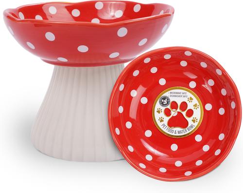 Show full view: P.T. Supply Co. Mushroom Shaped Stoneware Elevated Dog & Cat Bowl, Red slide 2 of 9