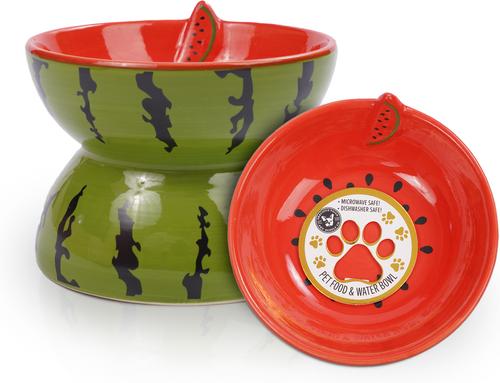 Show full view: P.T. Supply Co. Watermelon Shaped Stoneware Elevated Dog & Cat Bowl, Red slide 2 of 9