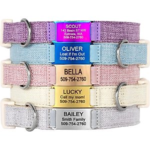 GoTags Cotton Hemp Personalized with Custom Engraved Nameplate Dog Collar, Light Pink, Small: 12 to 16.5-in neck, 3/4-in wide