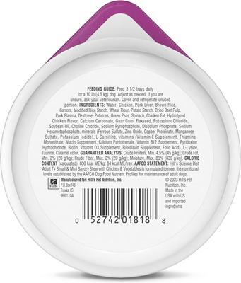 Show full view: Hill's Science Diet Senior Adult 7+ Small Breed & Mini Breed Savory Chicken & Vegetable Stew Dog Food Trays, 3.5-oz, 12 count slide 10 of 12
