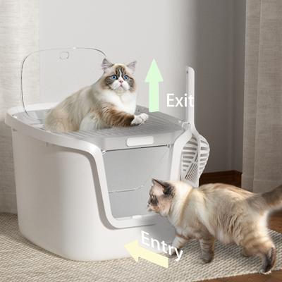 Show full view: HANAMYA Seamless Molded Top & Front Entry Cat Litter Box with Scoop, White/Gray slide 2 of 8