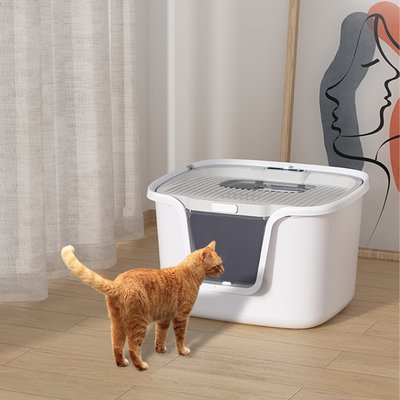 HANAMYA HANAMYA Seamless Molded Top & Front Entry Cat Litter Box with Scoop, White/Gray, 25.5 x 22.3 x 16.4-in