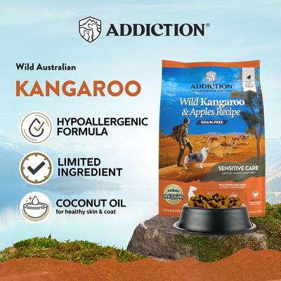 Show full view: Addiction Grain-Free Wild Kangaroo & Apples Limited Ingredient Allergy-Friendly Dry Dog Food, 4-lb bag slide 3 of 11