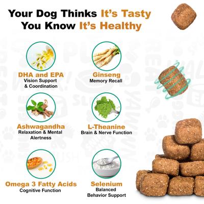 Show full view: Doggie Dailies Cognitive Puppy Chews Vitamins with DHA, Selenium, Organic Ashwagandha & Antioxidants to Support Brain Health, Nervous System Function & Promote Calmness, 120 count slide 10 of 11
