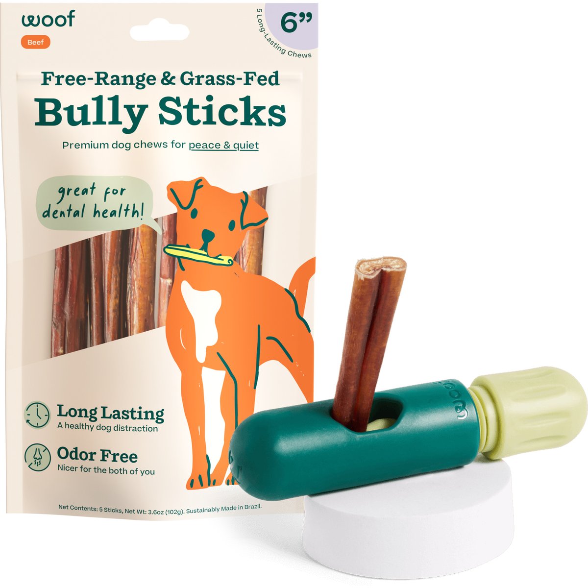 Woof BullySafe & 6-inch Bully Stick Dog Treats, 5 count