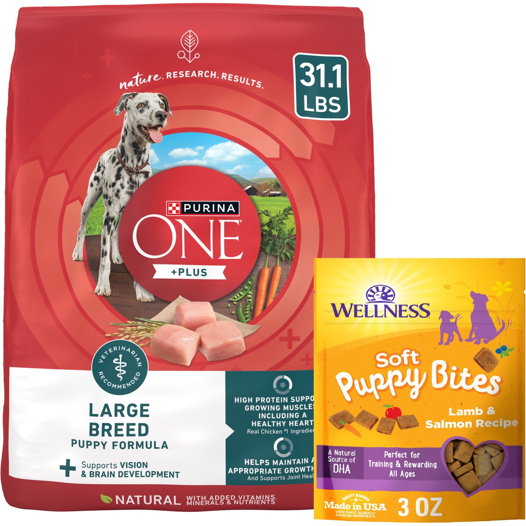 Purina ONE SmartBlend Large Breed Puppy Formula Dry Food + Wellness Soft Puppy Bites Lamb & Salmon Recipe Grain-Free Dog Treats