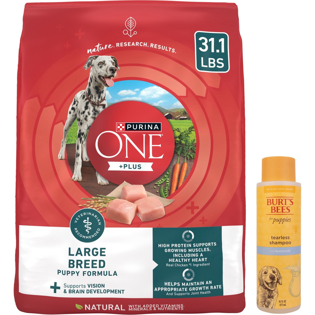 Purina ONE SmartBlend Large Breed Puppy Formula Dry Dog Food + Burt's Bees Tearless Puppy Shampoo with Buttermilk