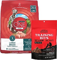 Purina ONE SmartBlend Large Breed Puppy Formula Dry Food + American Journey Beef Recipe Grain-Free Soft & Chewy Training Bits Dog Treats