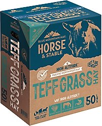 Blue Mountain Hay High Altitude Teff Grass Hay Easy Flake Box Horse Feed, 50-lb