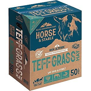 Blue Mountain Hay High Altitude Teff Grass Hay Easy Flake Box Horse Feed, 50-lb