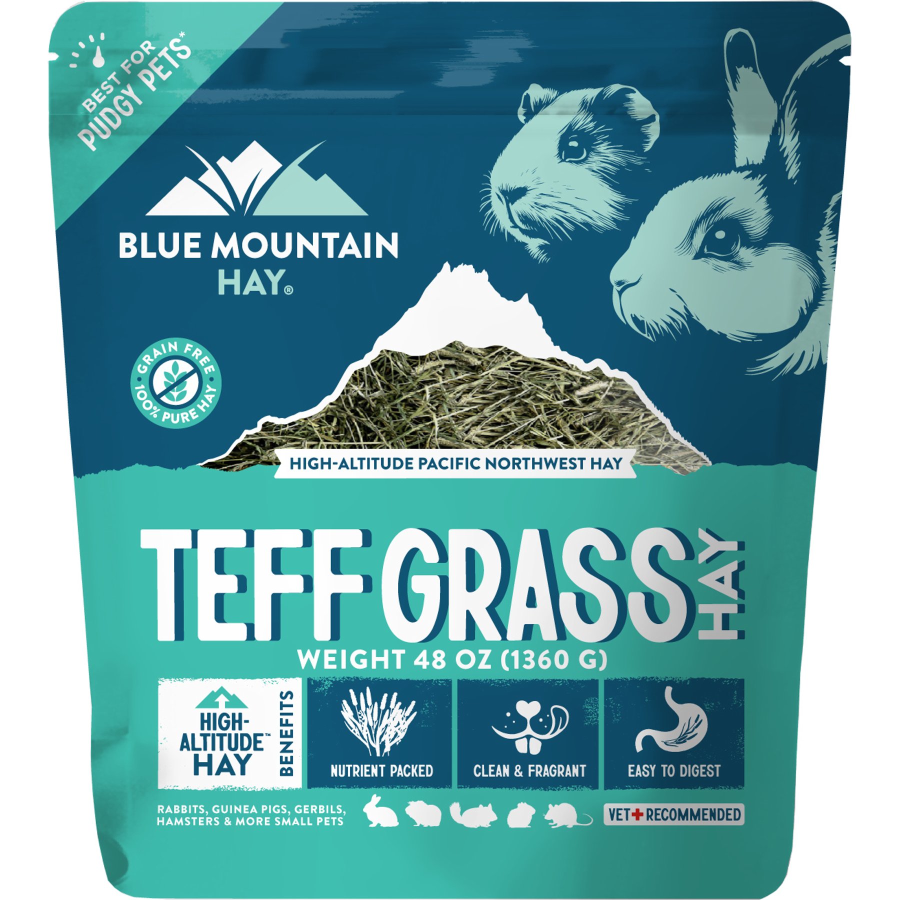Blue Mountain Hay Small Animal Food High Altitude Teff Grass Hay Small Animal Food, 48-oz