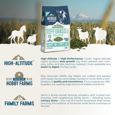 Show full view: Blue Mountain Hay High Altitude Teff Grass Hay Pellets Horse Feed, 40-lb slide 2 of 5