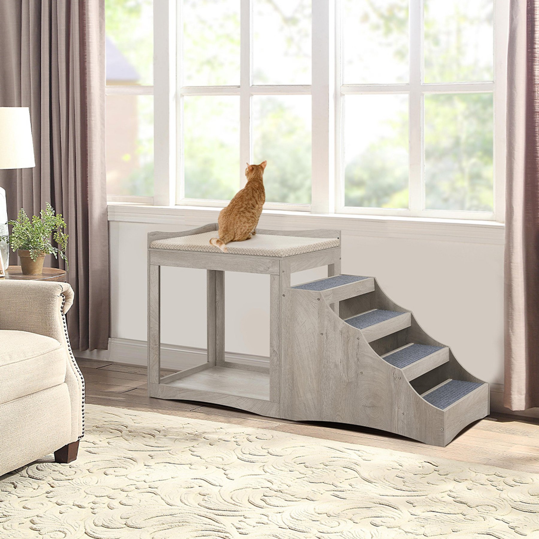 Unipaws Decorative Bunk Cat Bed with Ladder, Weathered Grey, Large