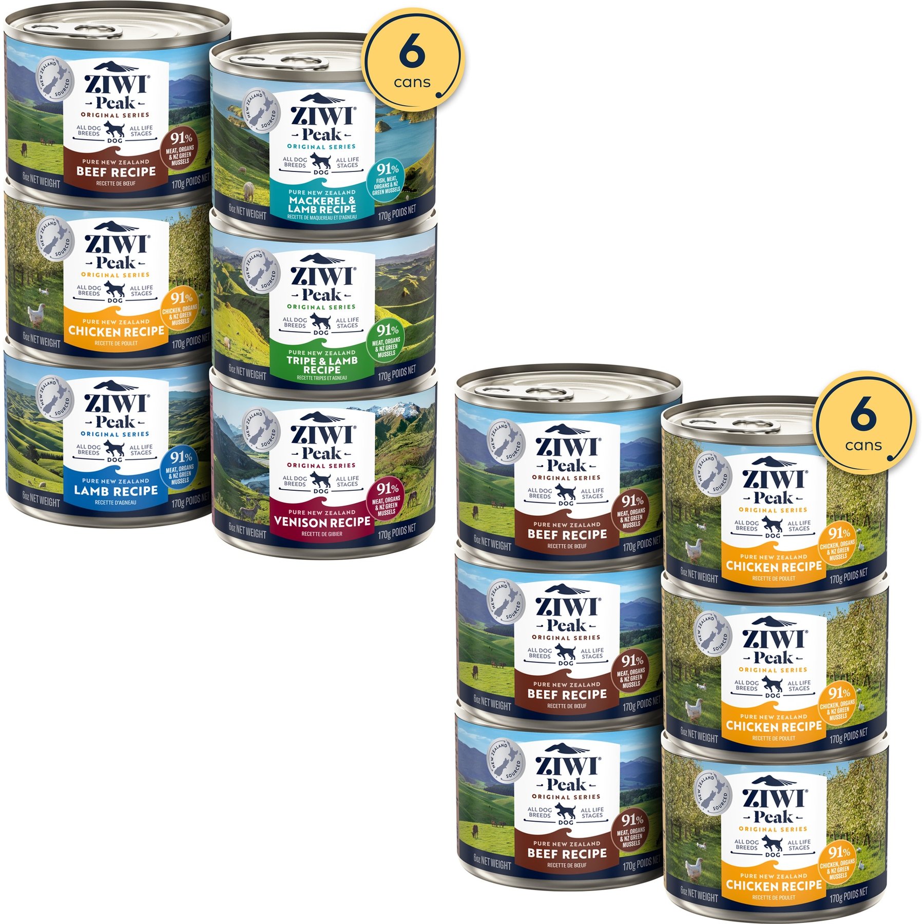 ZIWI Peak Variety Pack Adult Grain-Free Beef, Chicken Pate Canned Food, 6-oz can, case of 6 + Variety Pack Adult Grain-Free Beef, Chicken, Lamb, Mackerel & Lamb, Tripe & Lamb, Venison Pate Canned Dog Food, 6-oz can, case of 6