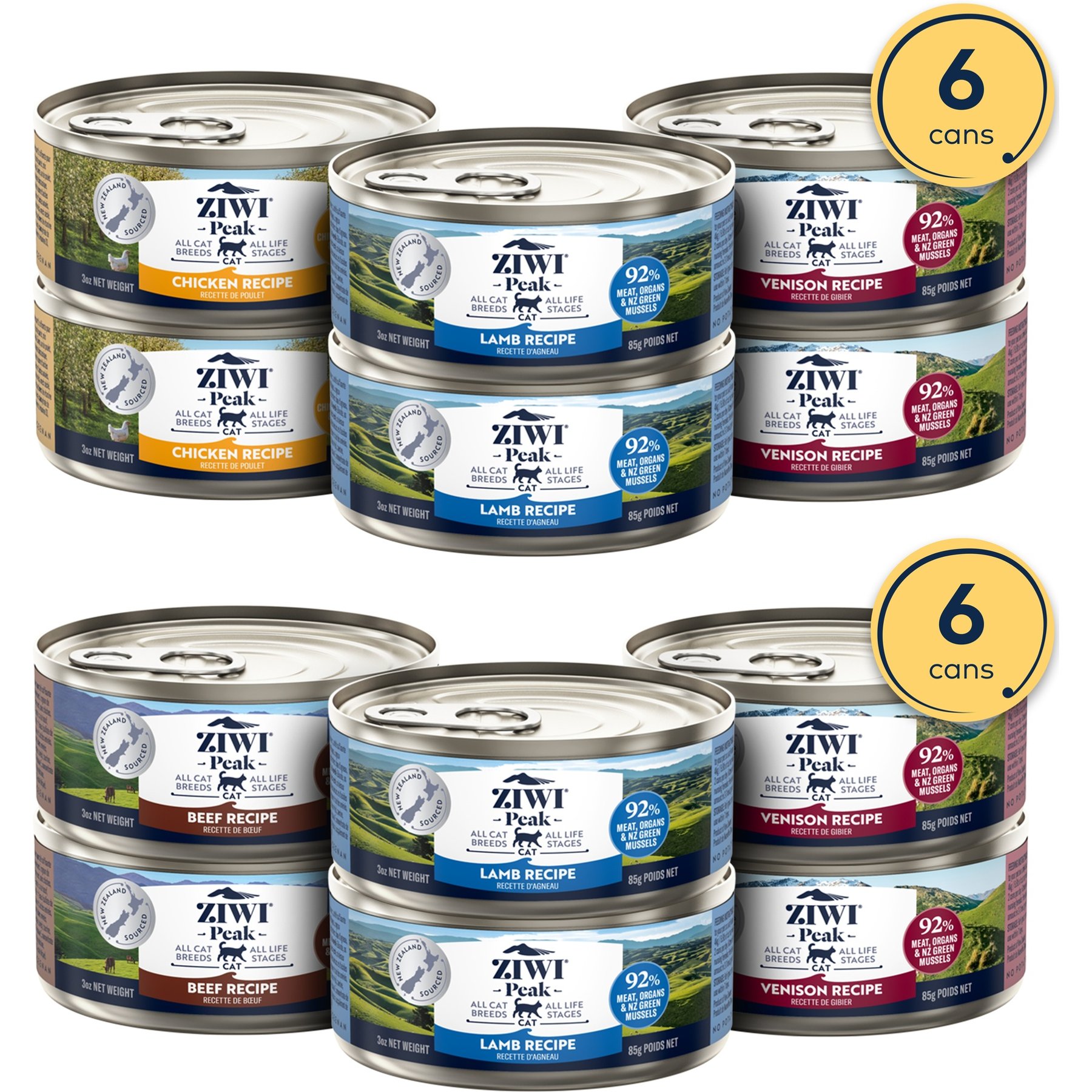 ZIWI Peak Venison, Chicken, Lamb Variety Pack Grain-Free Pate Canned Food, 3-oz can, case of 6 + Zenison, Beef, Lamb Variety Pack Grain-Free Pate Canned Cat Food, 3-oz can, case of 6