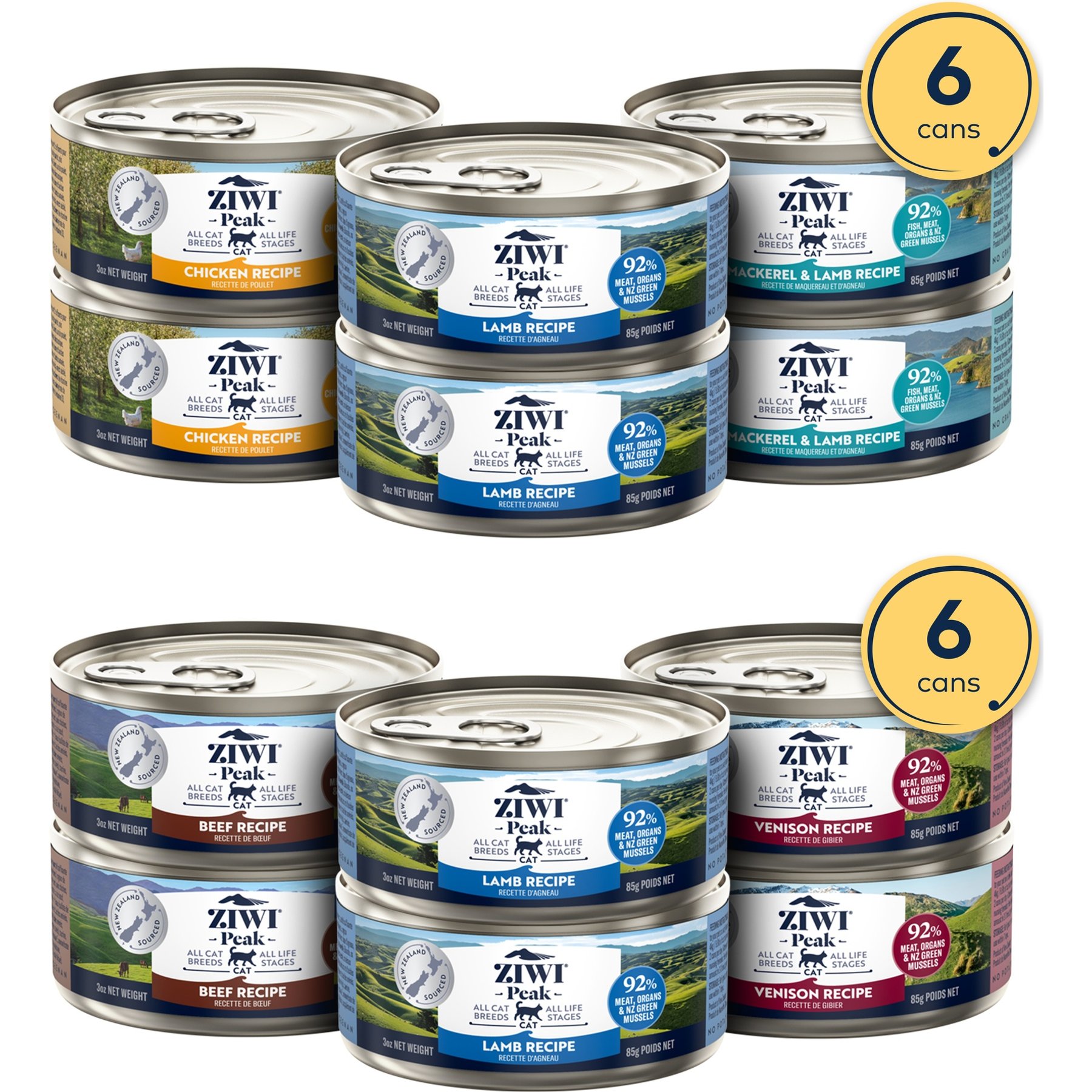 ZIWI Peak Chicken, Mackerel & Lamb, Lamb Variety Pack Grain-Free Pate Canned Food, 3-oz can, case of 6 + Venison, Beef, Lamb Variety Pack Grain-Free Pate Canned Cat Food, 3-oz can, case of 6
