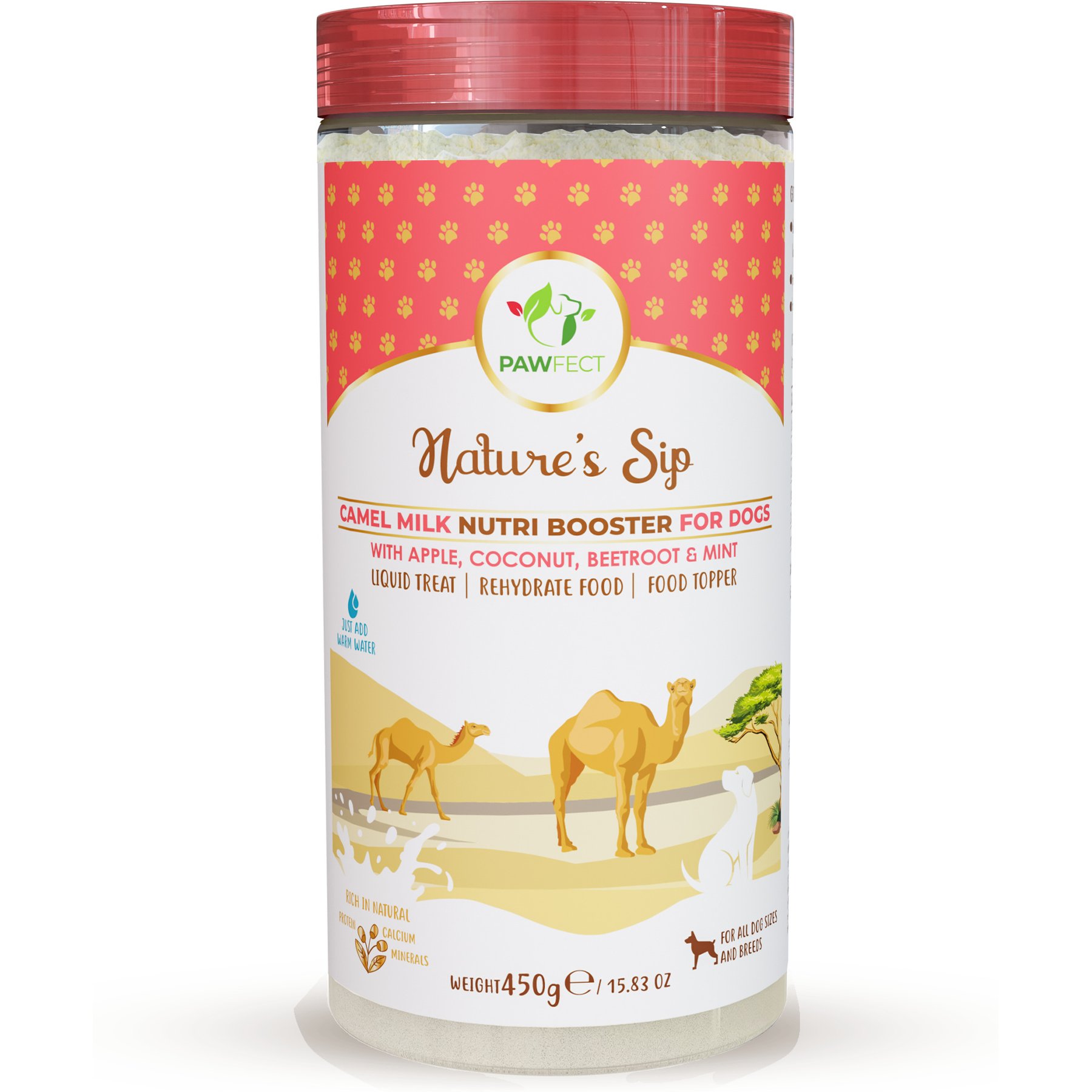 Pawfect Nature's Sip Camel's Milk with Apple, Coconut, Beetroot & Mint Powder Digestive Supplement for Dogs, 10-oz jar
