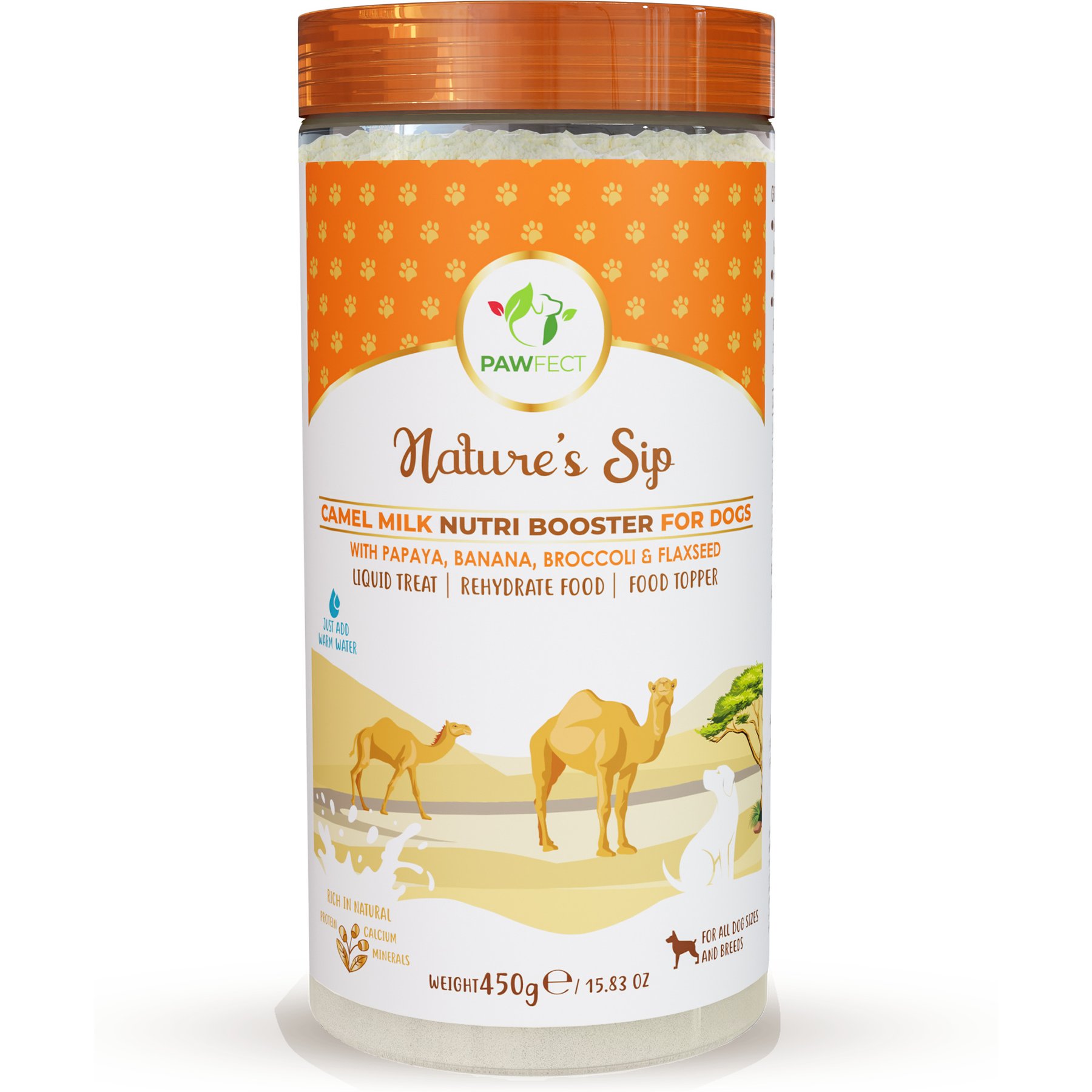 Pawfect Nature's Sip Camel's Milk with Papaya, Banana, Broccoli & Flaxseed Powder Digestive Supplement for Dogs, 10-oz jar