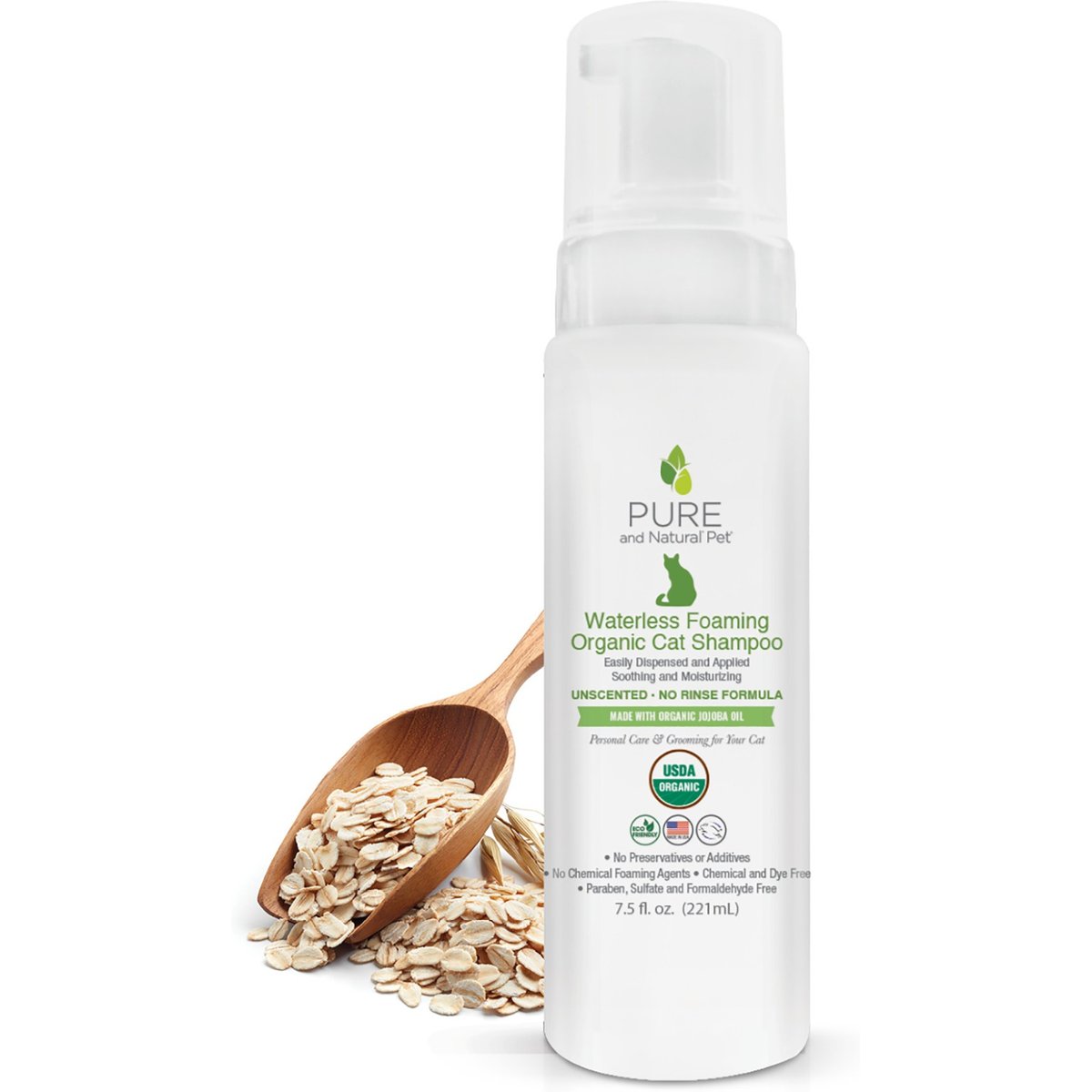 Pure and Natural Pet Waterless Foaming Organic Cat Shampoo, Unscented, 7.5-fl oz bottle