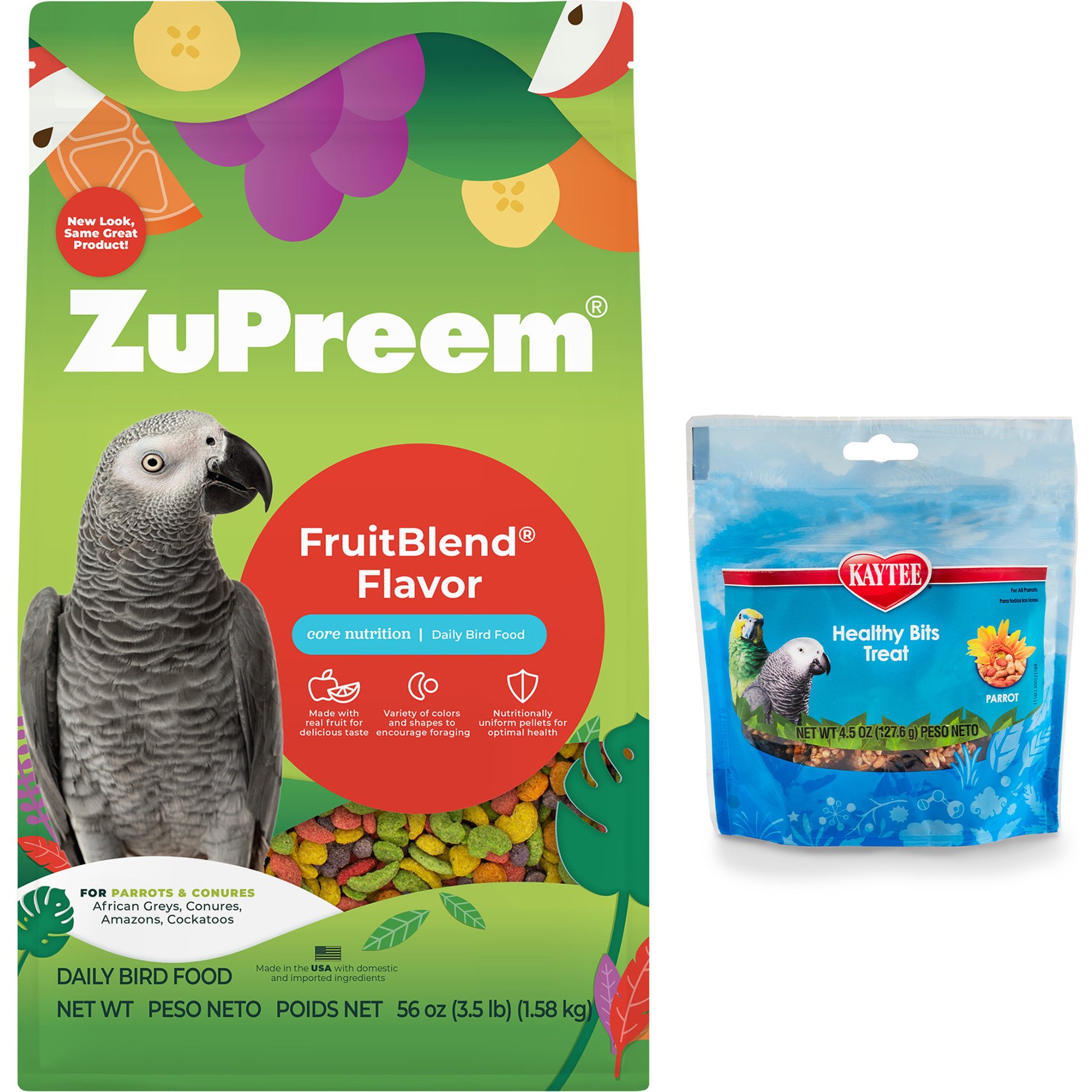 ZuPreem FruitBlend Flavor Parrot & Conure Food, 3.5-lb bag & Kaytee Forti-Diet Pro Health Healthy Bits Parrot Bird Treats, 4.5-oz bag