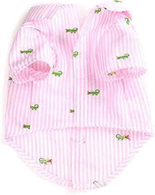 Show full view: The Worthy Dog Pink Stripe Alligator Dog Shirt, Pink/White, Medium slide 2 of 3