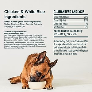 JustFoodForDogs Pantry Fresh Chicken & White Rice Fresh Dog Food, 12.5-oz pouch, case of 12