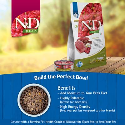 Show full view: Farmina N&D Quinoa Feline Duck, Cranberry & Chamomile Urinary Dry Cat Food, 8.8-lb bag slide 8 of 9