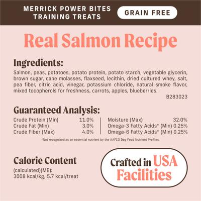 Show full view: Merrick Power Bites Real Salmon Recipe Grain-Free Soft & Chewy Dog Treats, 6-oz bag slide 7 of 13
