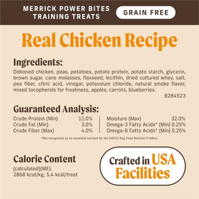 Show full view: Merrick Power Bites Real Chicken Recipe Grain-Free Soft & Chewy Dog Treats, 6-oz bag slide 7 of 13