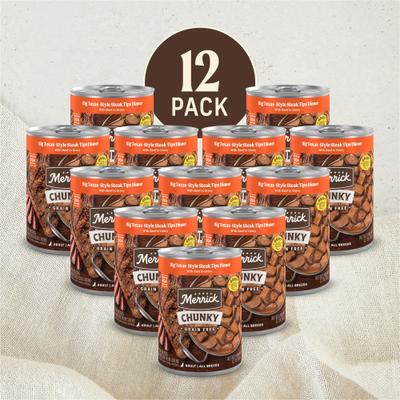 Show full view: Merrick Chunky Grain-Free Wet Dog Food Big Texas Steak Tips Dinner, 12.7-oz can, case of 12 slide 3 of 14