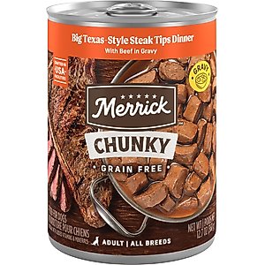 Merrick Chunky Grain-Free Wet Dog Food Big Texas Steak Tips Dinner, 12.7-oz can, case of 12