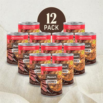 Show full view: Merrick Chunky Grain-Free Wet Dog Food Pappy's Pot Roast Dinner, 12.7-oz can, case of 12 slide 3 of 14
